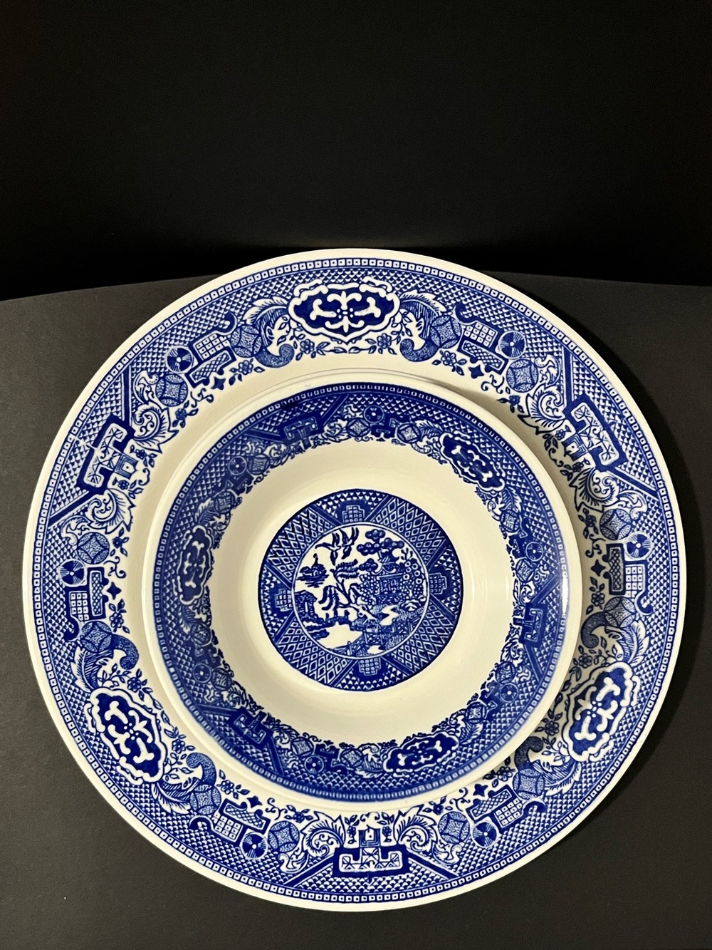 Willow Ware By Royal China 3 pieces blue and white lg plate, sm plate, sm bowl